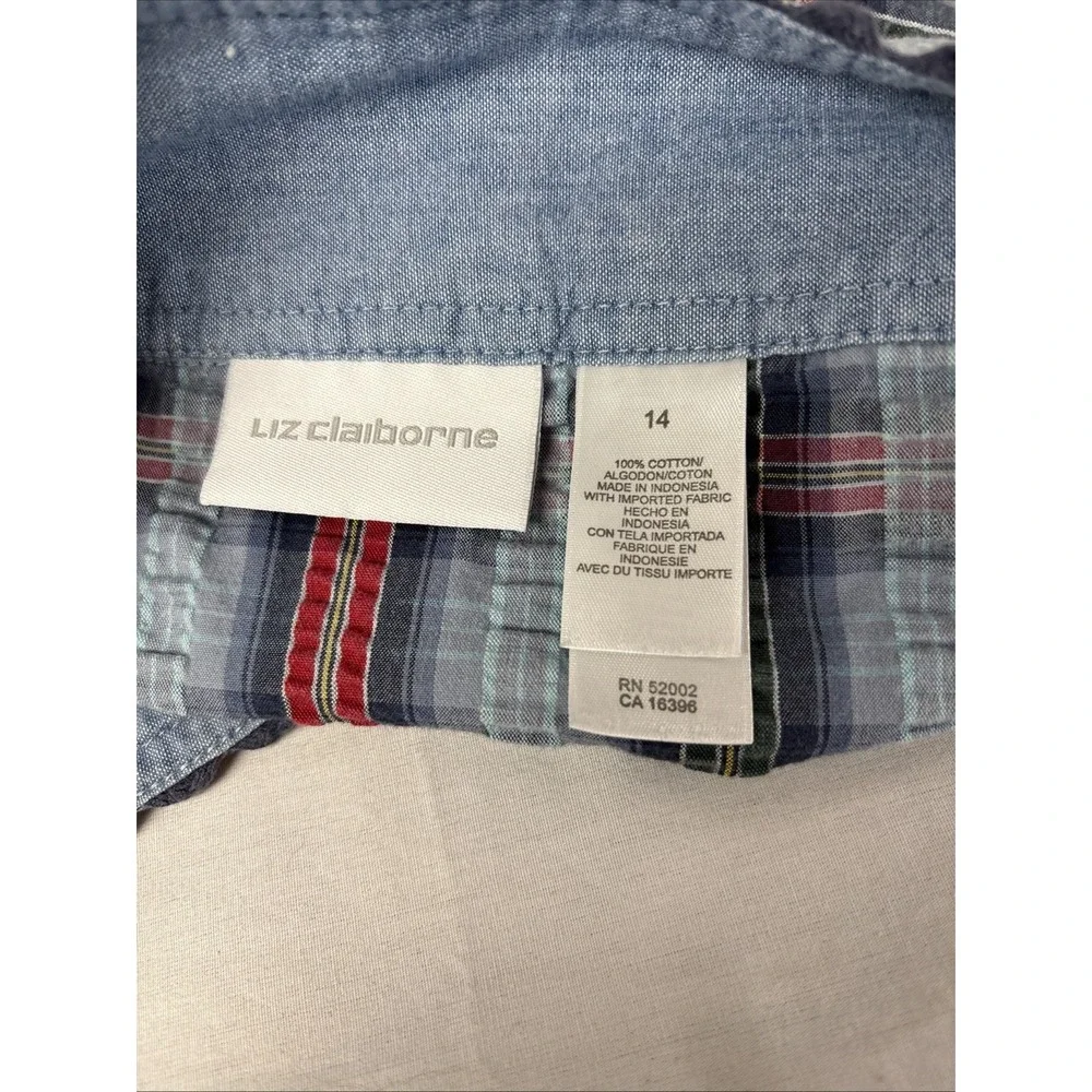 Liz Claiborne Skirt Womens 14 Blue Madras Plaid Pockets Ric Rac A-Line Cotton